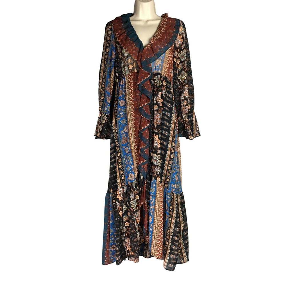 ZARA Maxi Dress M Boho Patchwork Floral Paisley Ruffle Chiffon Ruffle Flowy‎
